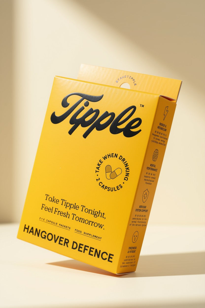 A yellow box of Tipple Hangover Defence capsules, photographed at an angle on a warm beige background with soft shadows.