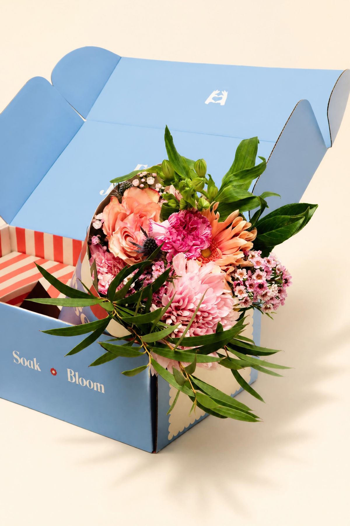 A vibrant Forget Me Not box and floral bouquet with pink, peach, and green flowers arranged inside an open light blue gift box branded 'Sook + Bloom'.