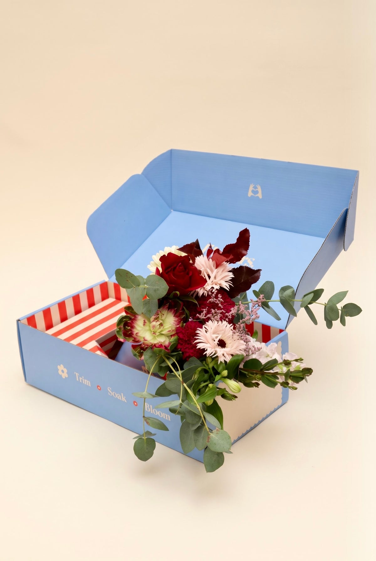 The Crate signature blue flower delivery box inscribed with "Trim • Soak • Bloom" holding fresh crimson and blush seasonal stems alongside a red-and-white striped gift box.