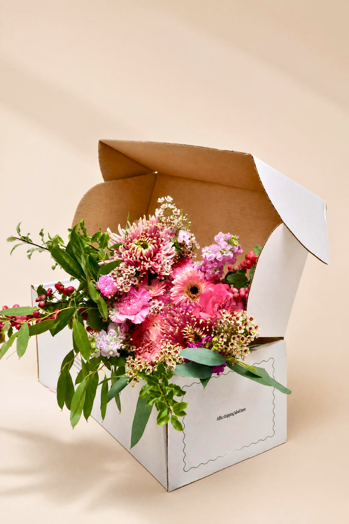 "Fresh letterbox and flower delivery box unboxing experience with vibrant pink blooms and leafy greenery."