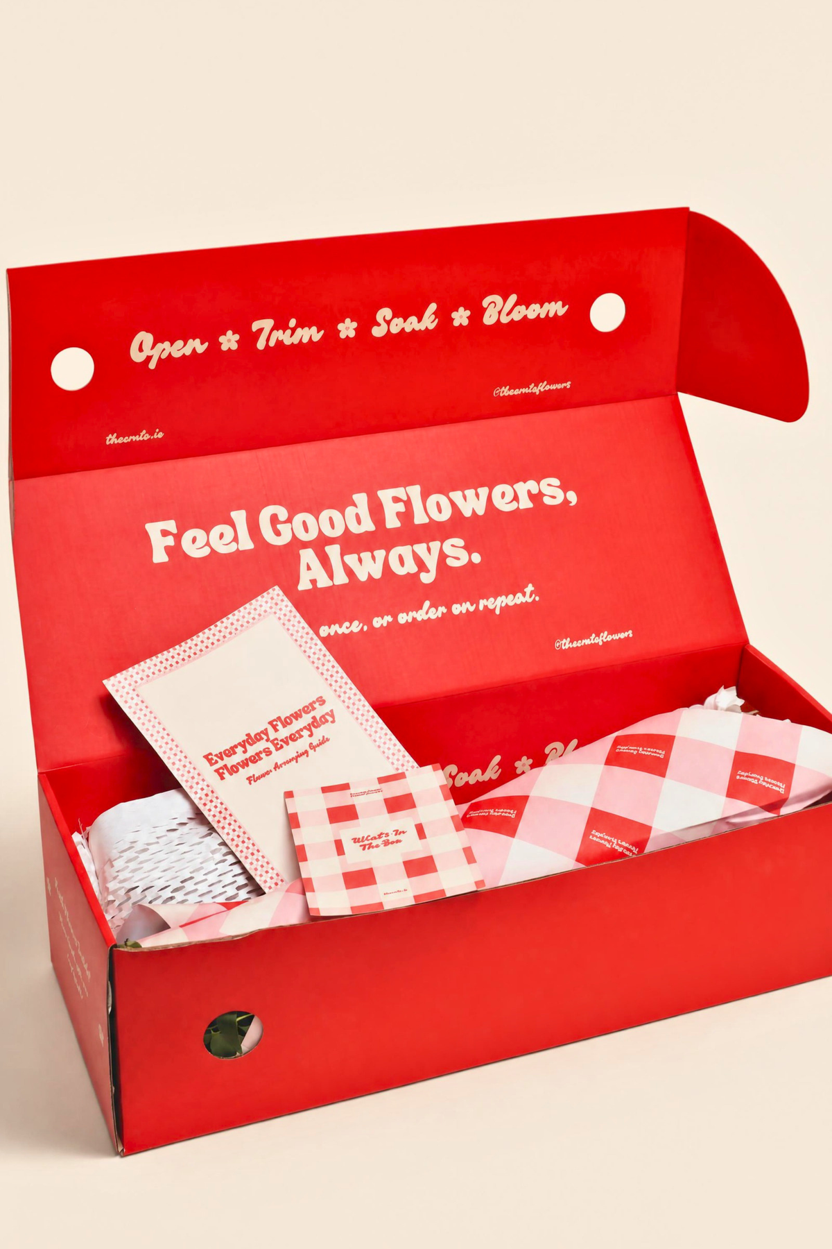 An open red gift box with white text reading 'Feel Good Flowers, Always.' inside, containing small red-and-white checkered flower packets and wrapped items on a light beige background.