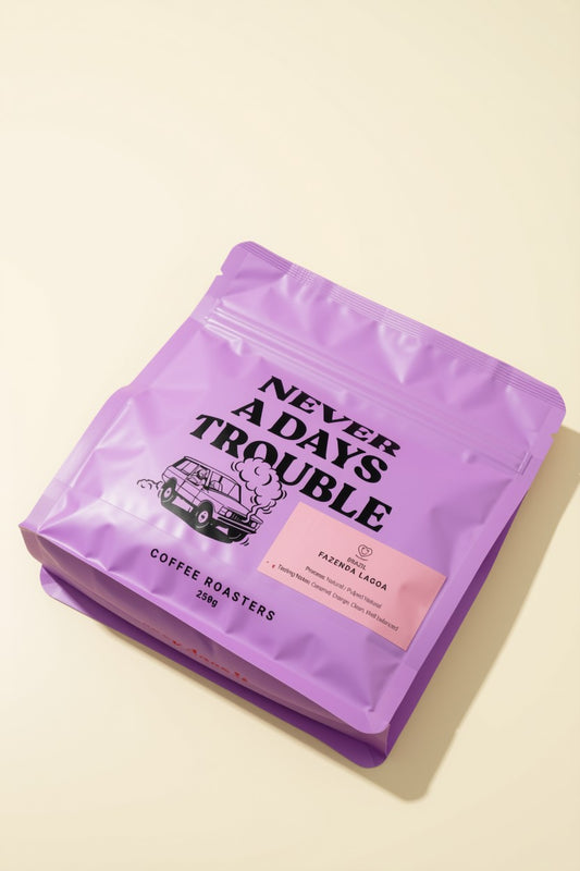 A purple stand-up coffee bag with black text reading 'NEVER A DAY'S TROUBLE' and 'COFFEE ROASTERS' on the front, plus a pale pink label, photographed on a warm cream background.